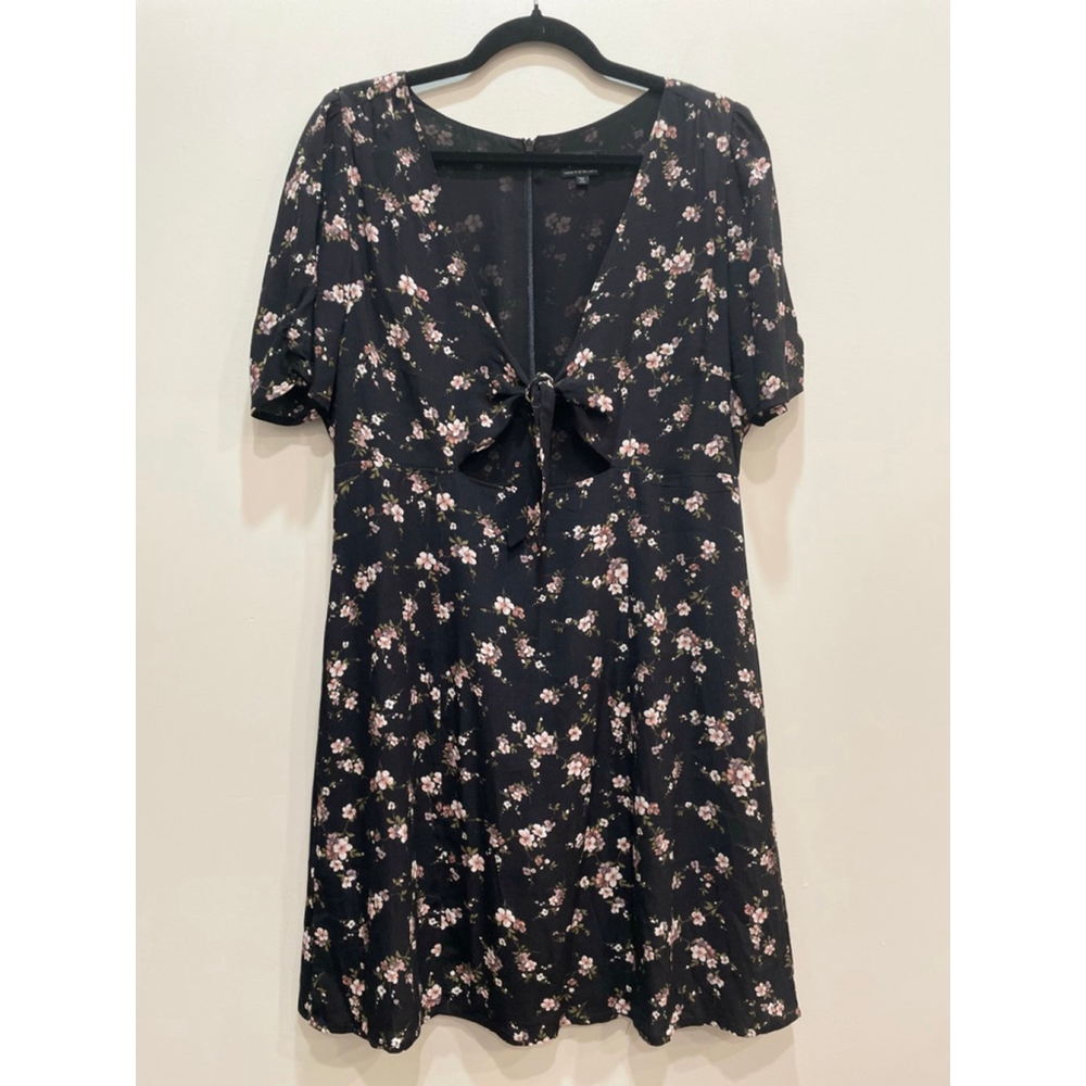 Bardot Black Dark Floral Tie Front Mini Dress 10 Large Grunge Cottage Romantic